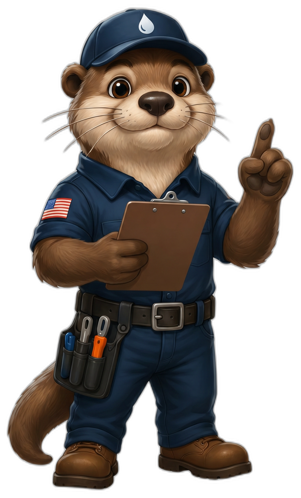 Otto the Otter, the Sweetwater Plumbing mascot, holding a clipboard