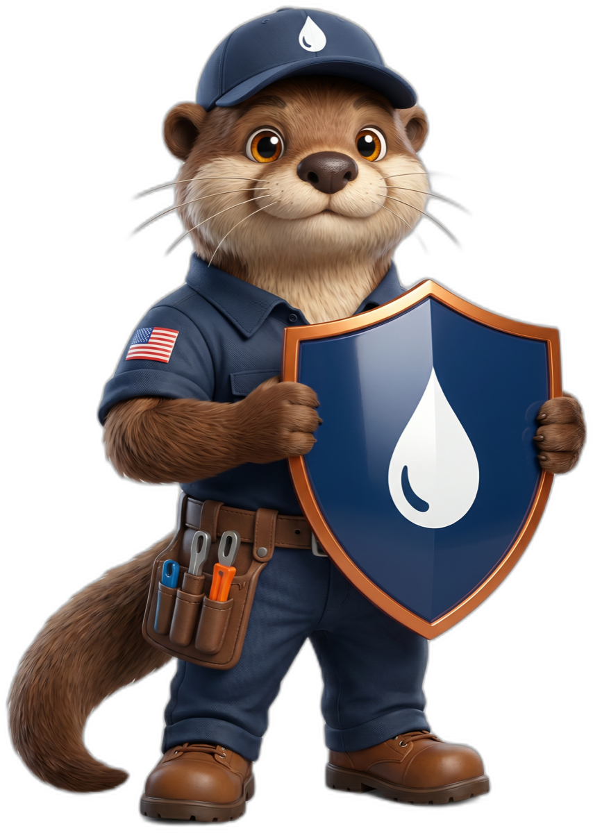Otto the Otter, the Sweetwater Plumbing mascot, holding the Sweetwater Shield